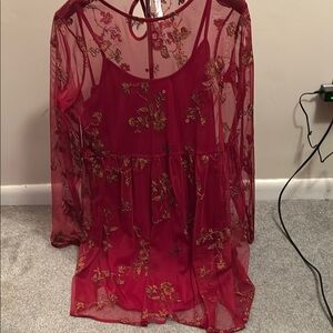 Elegant Red Sheer Floral Women's Top